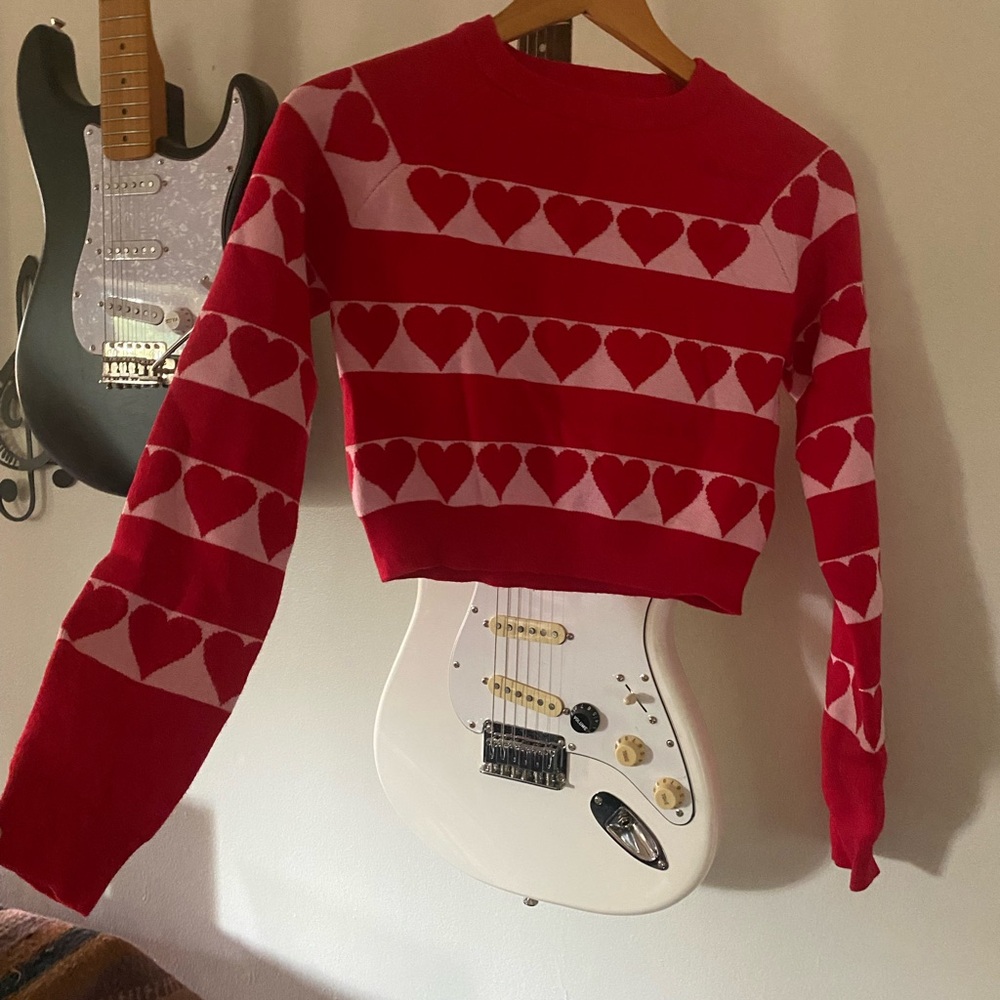 Altar'd State Red and Pink Heart-Striped Cropped Sweater